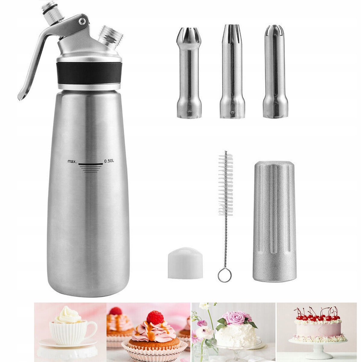 Hliníkový Sifon Na Šlehačku 0.5 L Se 3 Koncovkami Z Nerezové Oceli