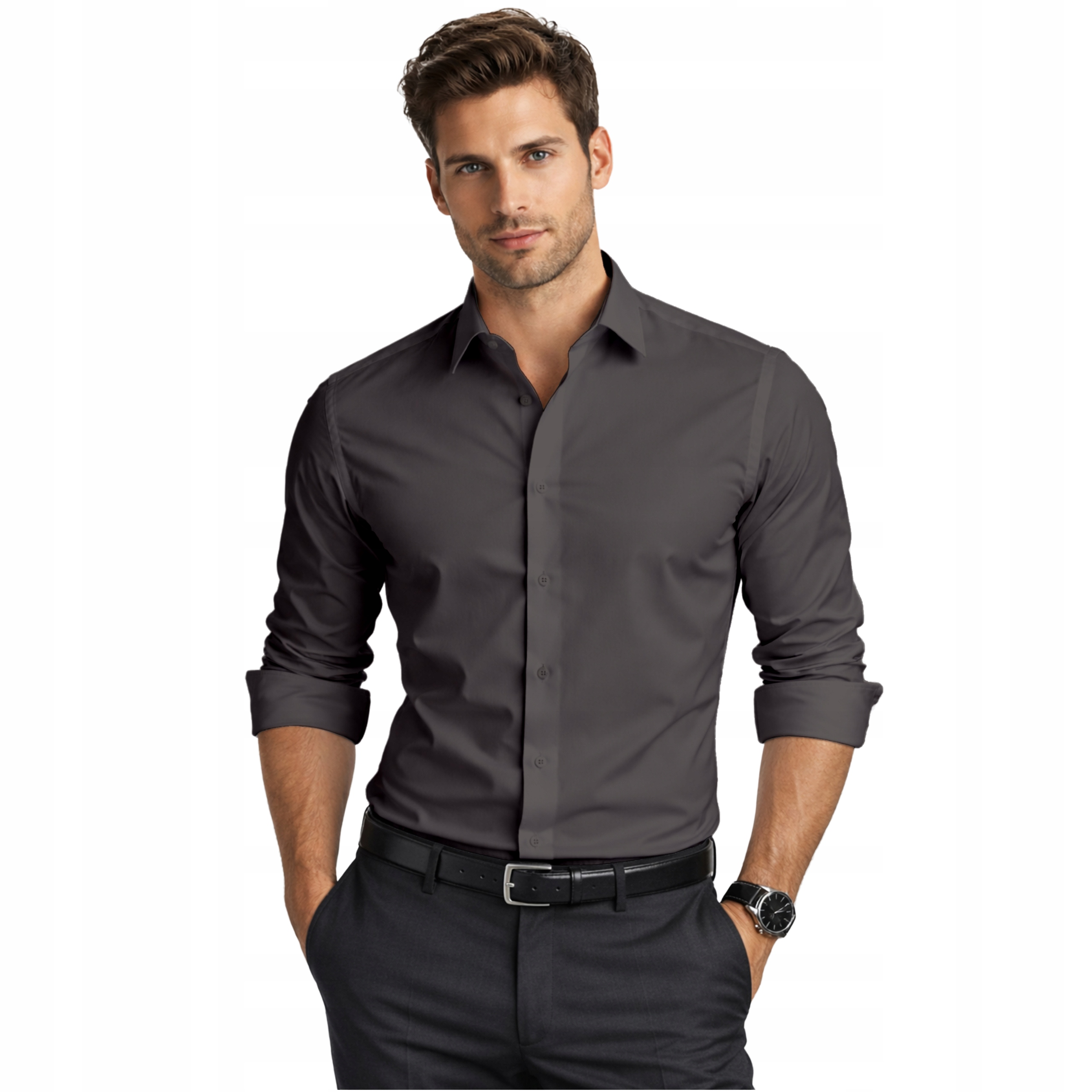 Koszula męska Espada grafit Slim Fit gładka z elastanem długi rękaw r.XL-43