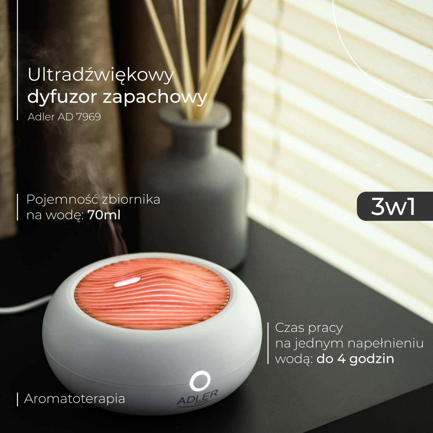 Ultradźwiękowy Dyfuzor Zapachowy USB 3w1 ADLER AD 7969