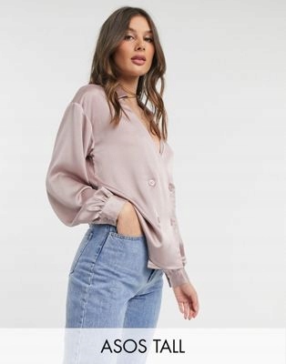 TALL KOSZULA SATYNOWA RÓŻOWA NA GUZIKI 40 1DUT Rękaw długi rękaw