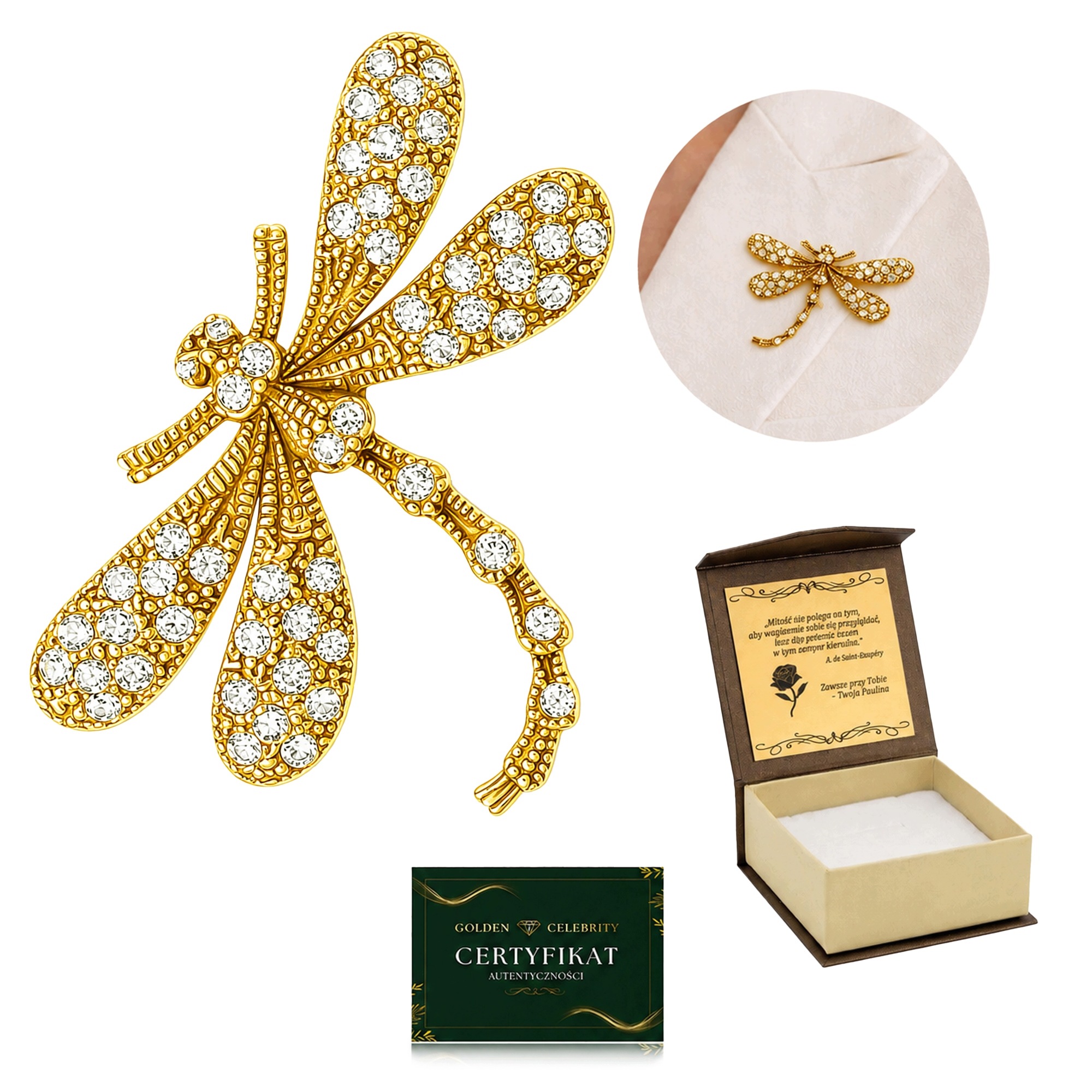 Brož Vážka Stříbro 925 Pozlacená 24K Zlatem Zirkony Elegantní Dárek