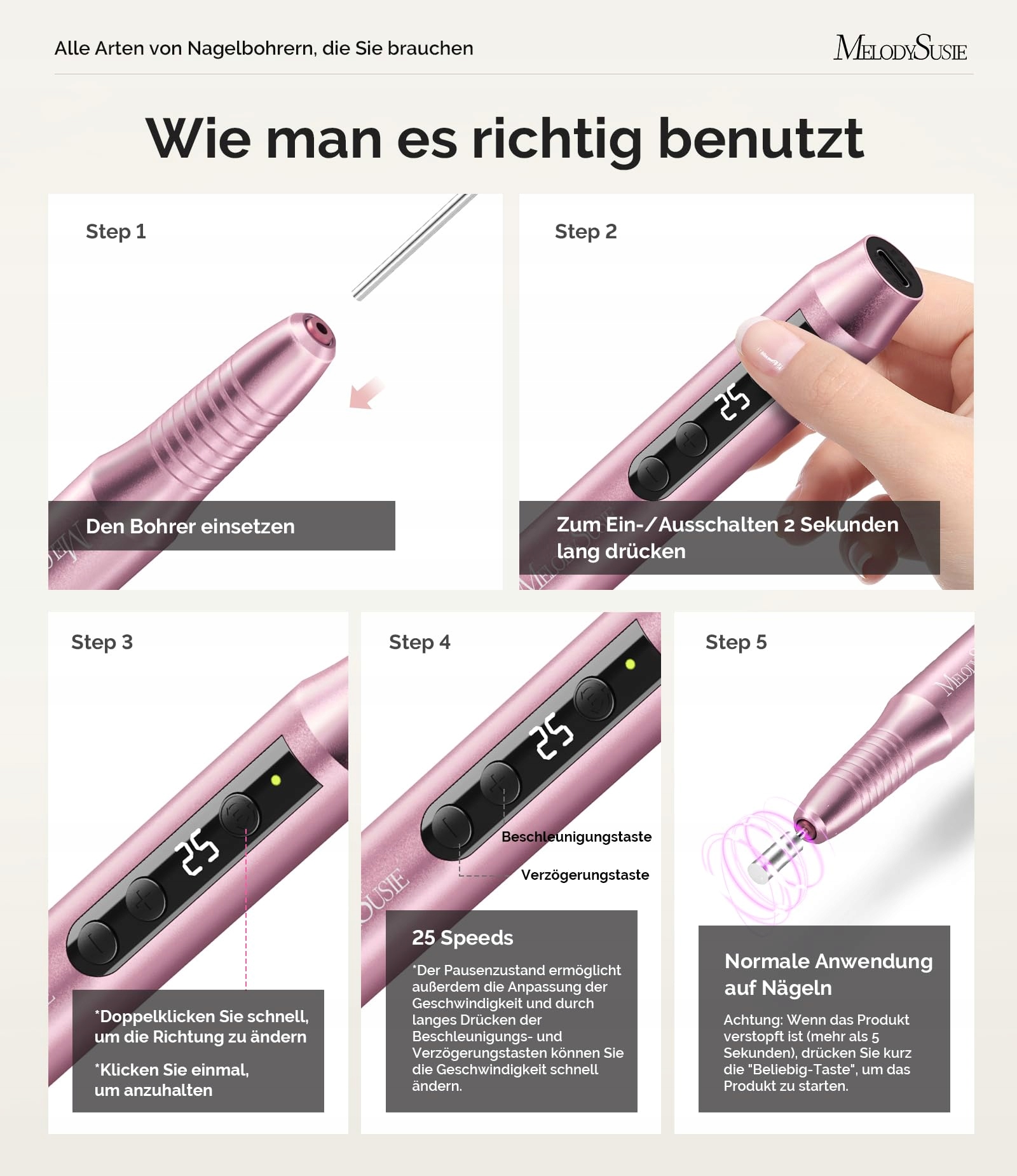 MELODYSUSIE Frezarka Do Paznokci 25000 RPM Zestaw Manicure Pedicure — miniatura 5
