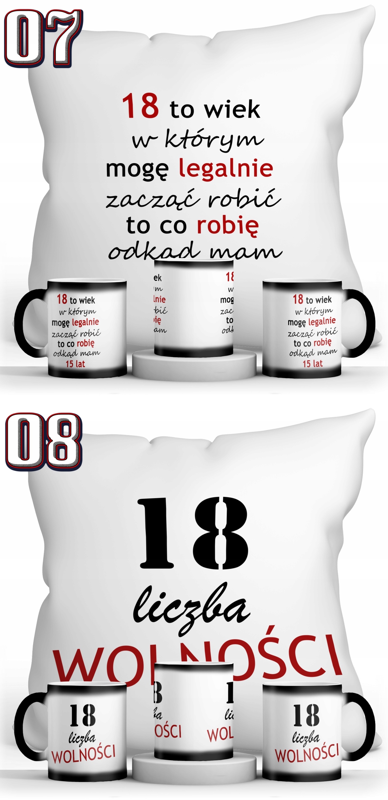 ZESTAW NA 18 URODZINY MAGICZNY KUBEK + PODUSZKA Informacje dodatkowe Kubek zmieniający kolor możliwość mycia w zmywarce Własny napis
