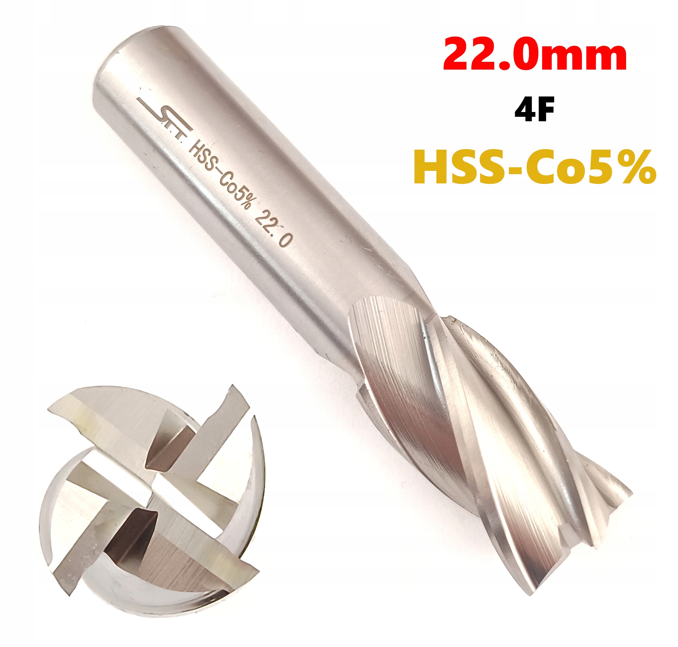 Frez NFPa fi 22 palcowy 22mm HSSCo kobalt Din 844 4-ostrzowy