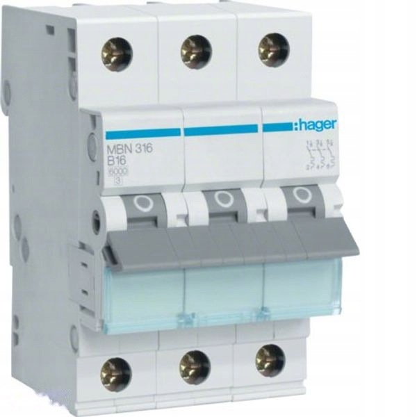 Hager nadproudový spínač 3P B 16A 6kA 3M MBN316