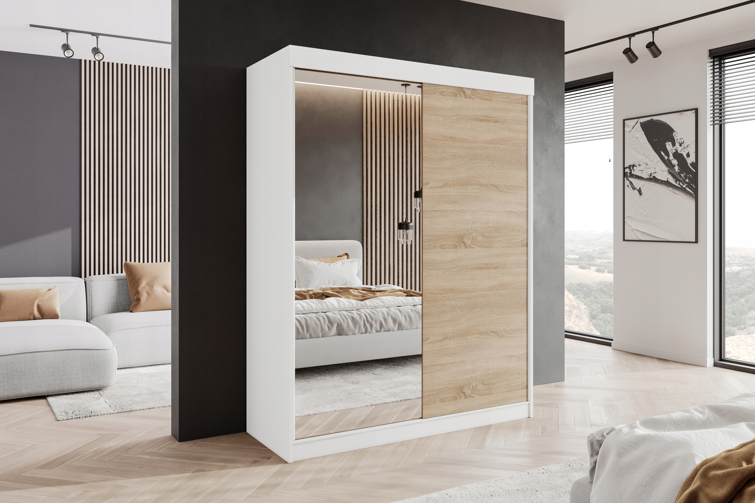 SZAFA PRZESUWNA BIAŁA 2 DRZWIOWA 140 x 205 CM 1 LUSTRO GARDEROBA PRODUCENT Kolor mebla biały