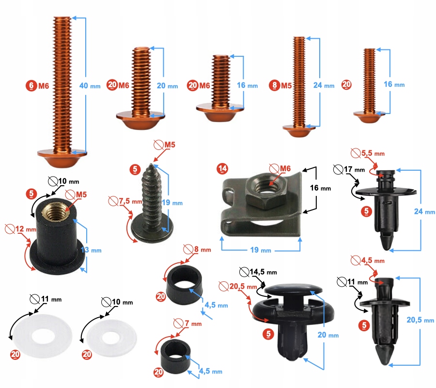 Śruby owiewek uniwersalne aluminiowe pomarańczowe Dopasowanie do pojazdu produkt dedykowany