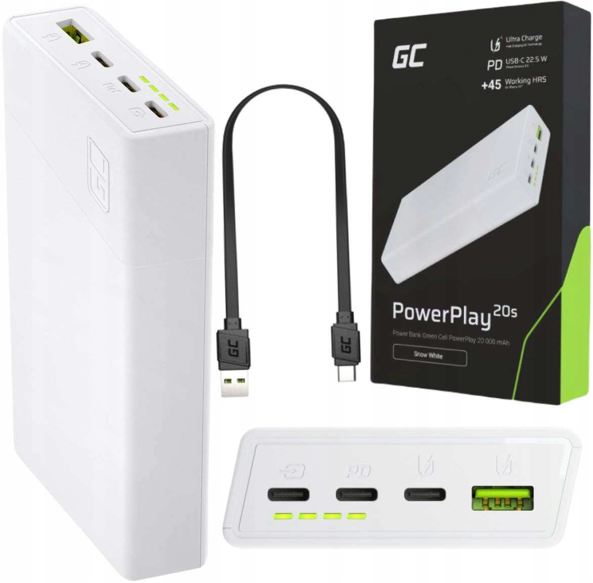 Powerbanka Green Cell PowerPlay20S 20000mAh Pd 22,5W Qc 3.0 3x Usb-c Bílá