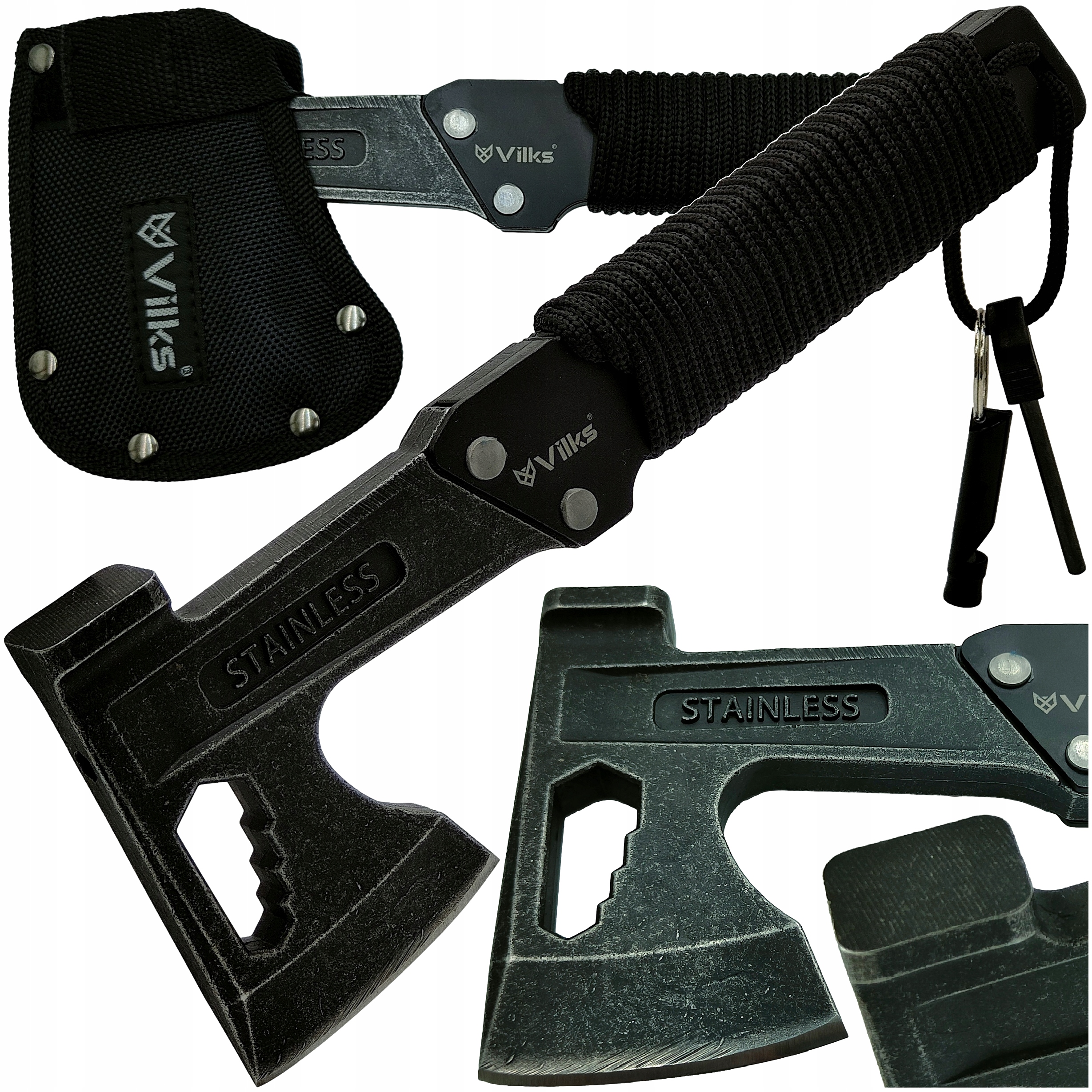 Siekiera Młotek Multitool Zestaw Survivalowy z Kaburą Lina Krzesiwo Gwizdek