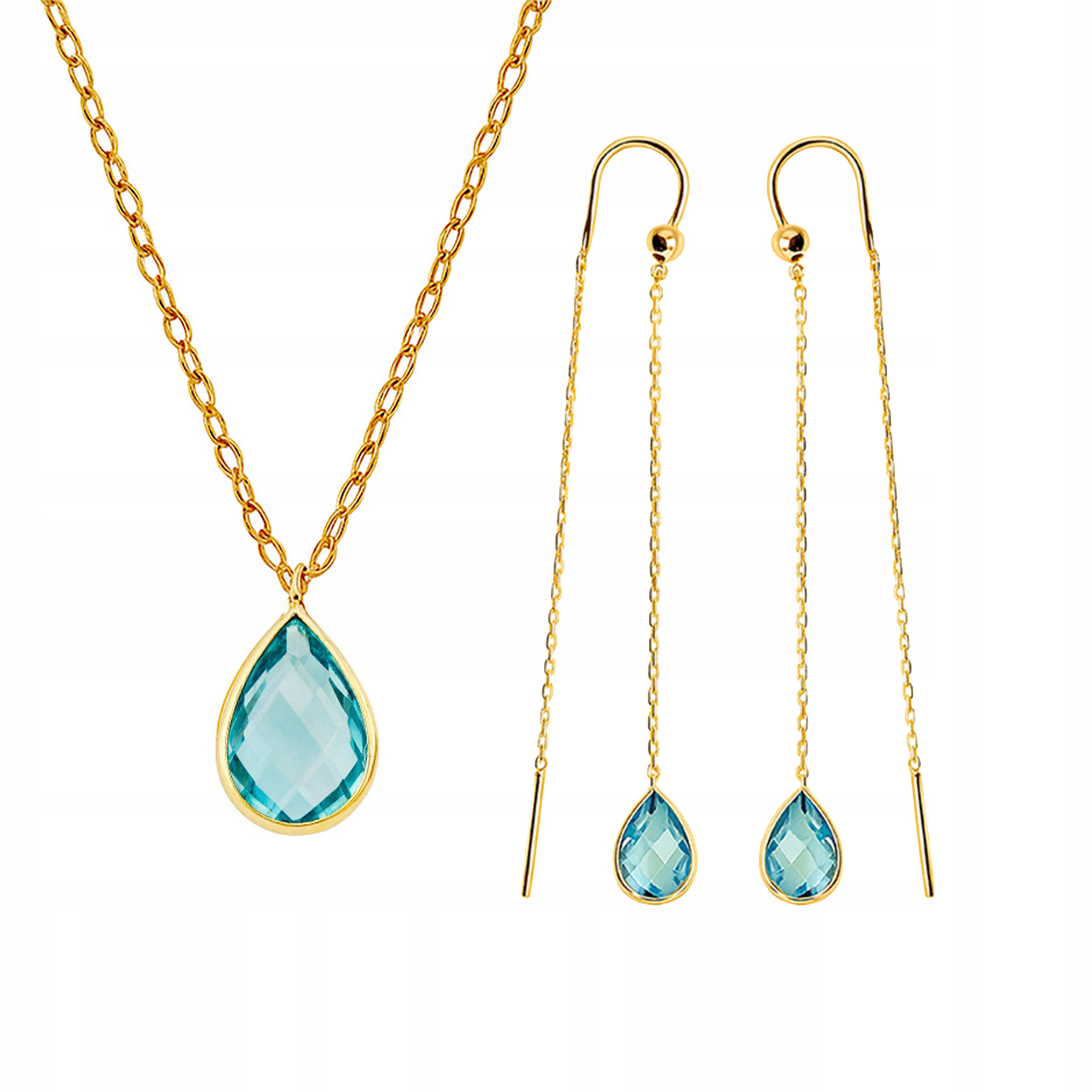 Zlatý komplet šperků 585 azurové slzy modrá křišťálová kapka 14k