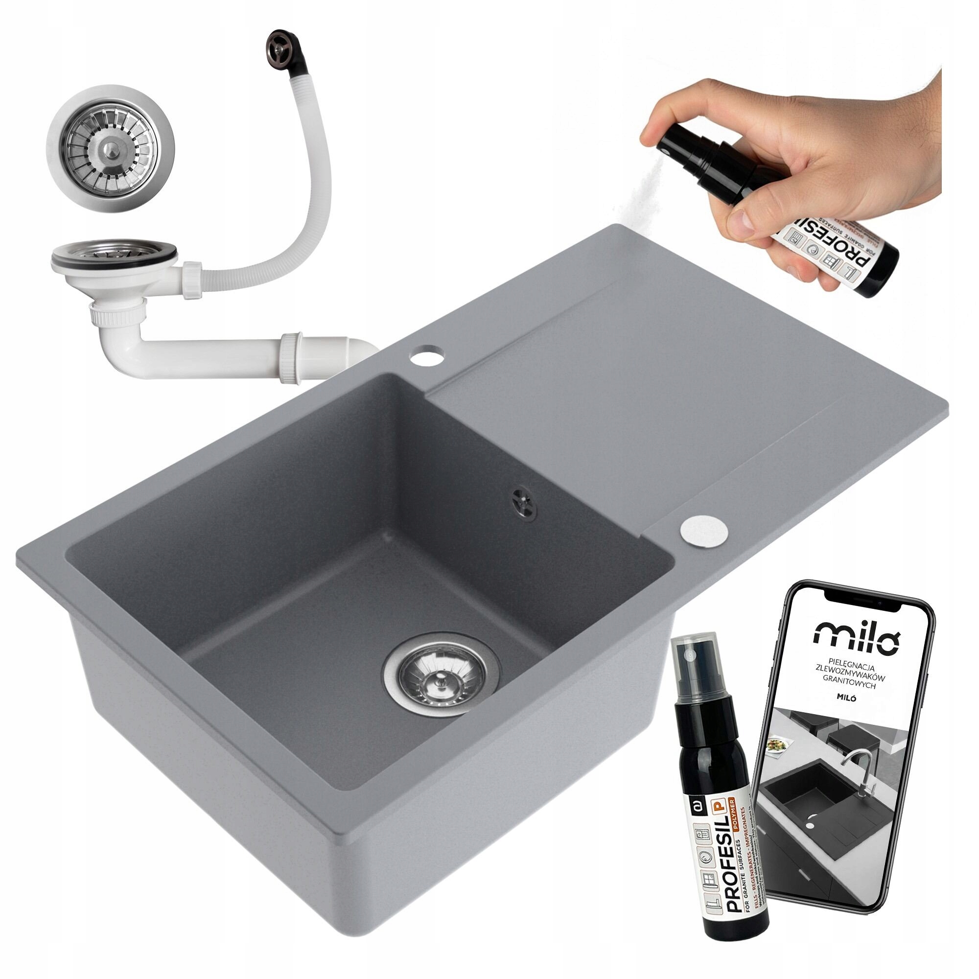 Granitový Kuchynský Drez Jednokomorový Miló Castello Sifón