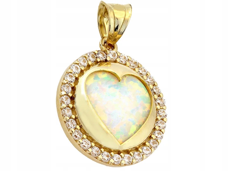 Zlatý přívěsek 585, kulaté srdíčko s opálem, zdobený zirkony