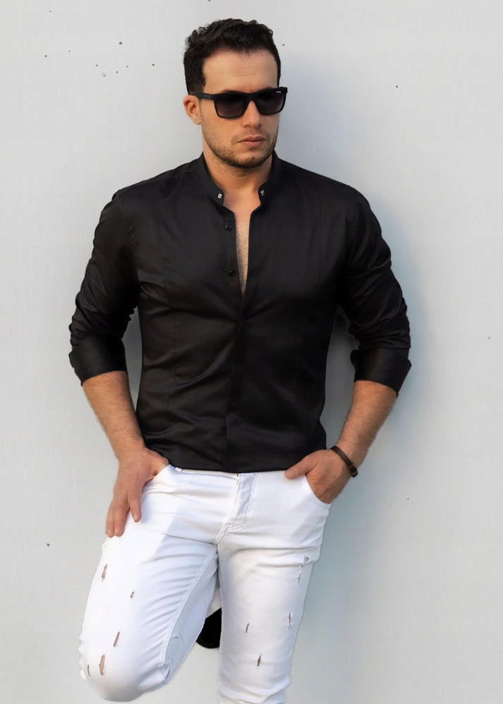 KLASYCZNA KOSZULA MĘSKA GŁADKA STÓJKA CZARNA - L Kolor czarny