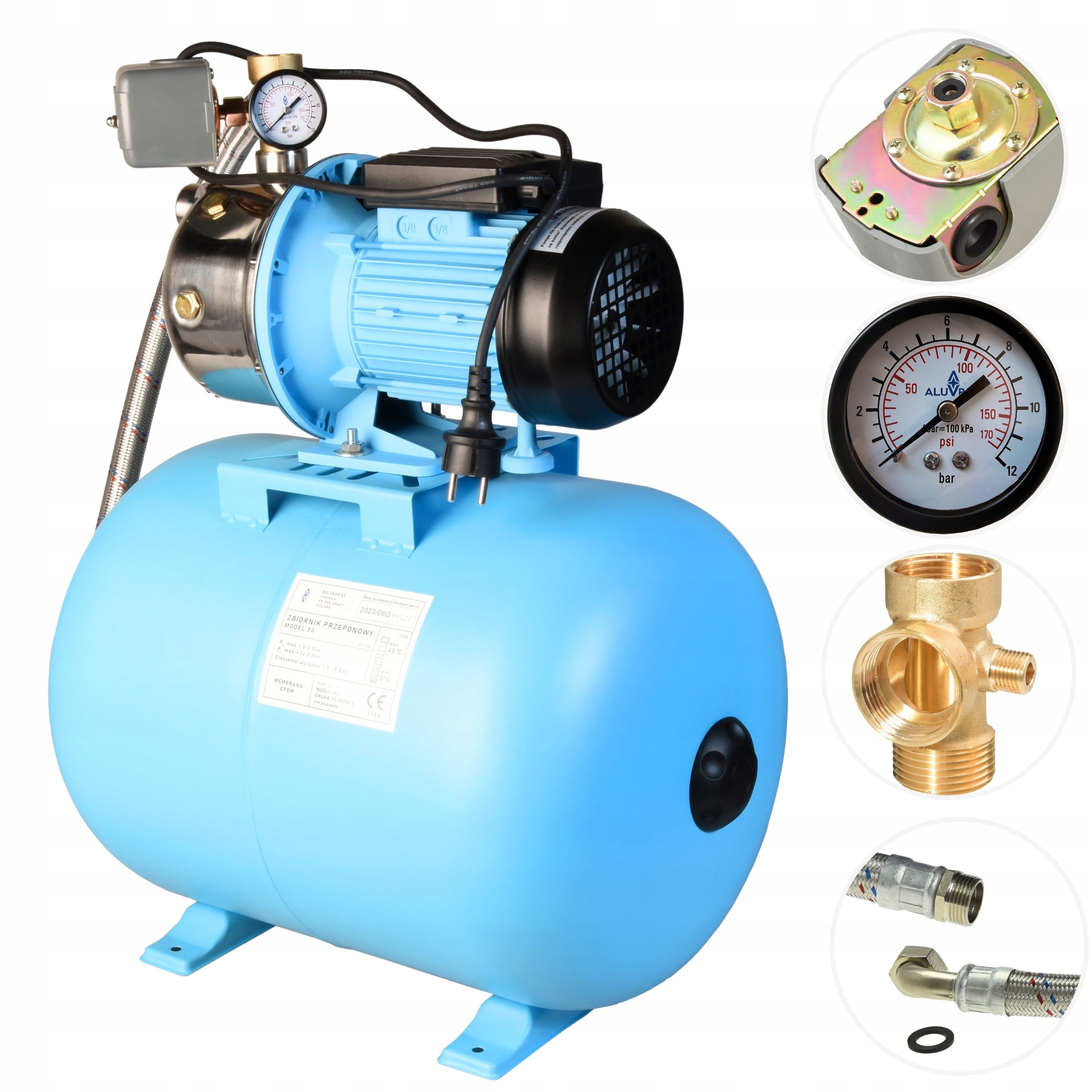 Hydrofor Na Vodu Sací Čerpadlo 1100 W 60 L/min S Nádrží 50 L, Příslušenství