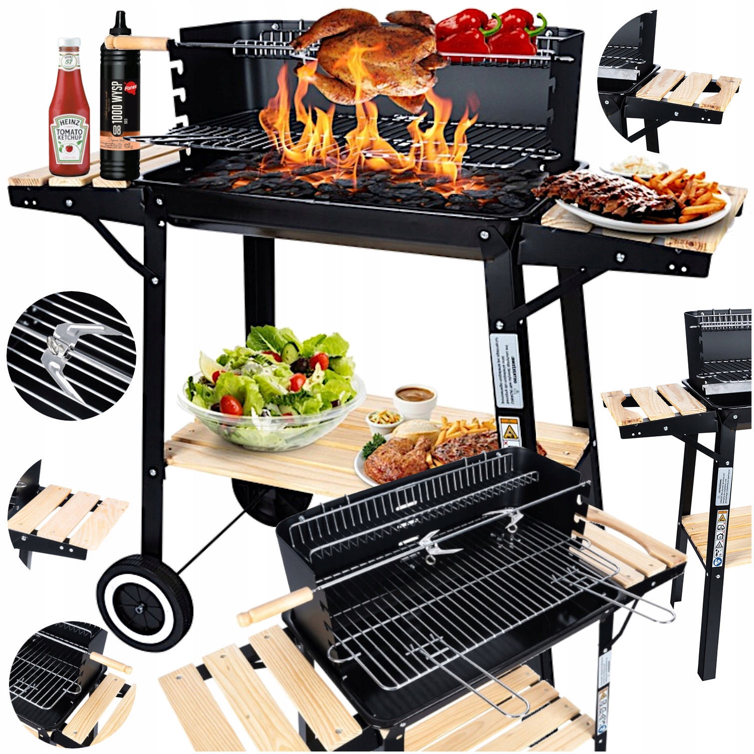 Grill Ogrodowy Duży Smart Rożen Półki na kółkach Węglowy Mocny Stalowy 6w1