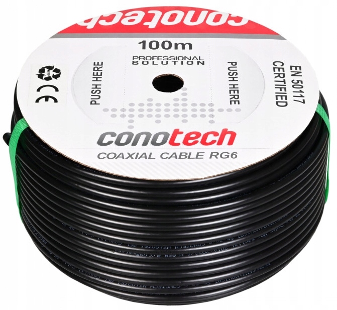 Kabel Przewód Antenowy RG-6 TRISHIELD CU PE 100m Koncentryczny Zewnętrzny Marka Conotech