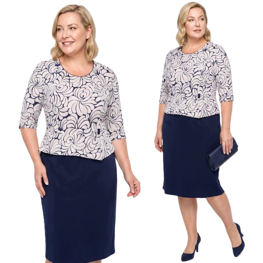 Tmavě modrá šaty s baskinkou a béžovými vzory plus size velikost 54