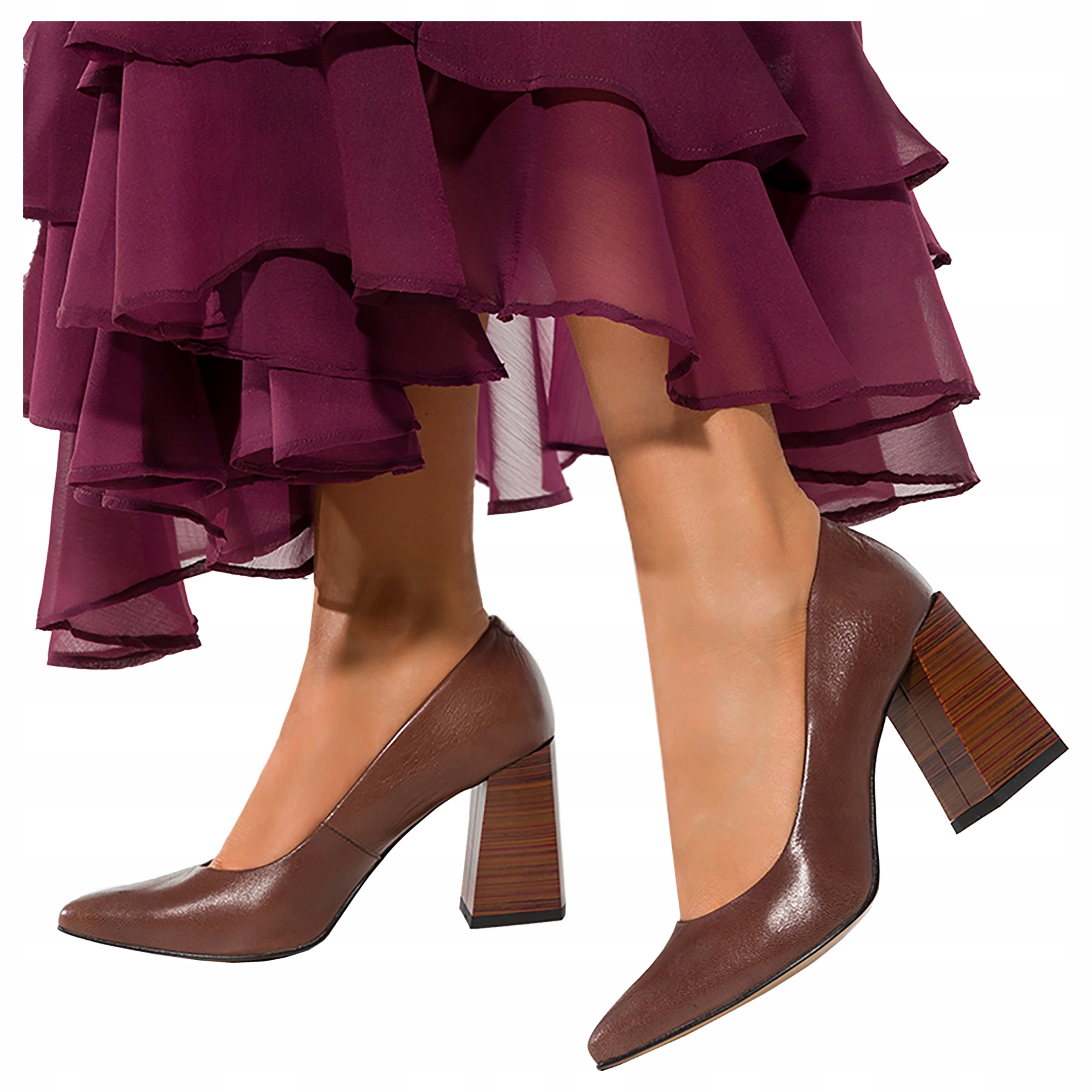 Hnědé Dámské Kožené Ozdobné Lodičky Podpatek Klocek Polský Výrobek vel. 36