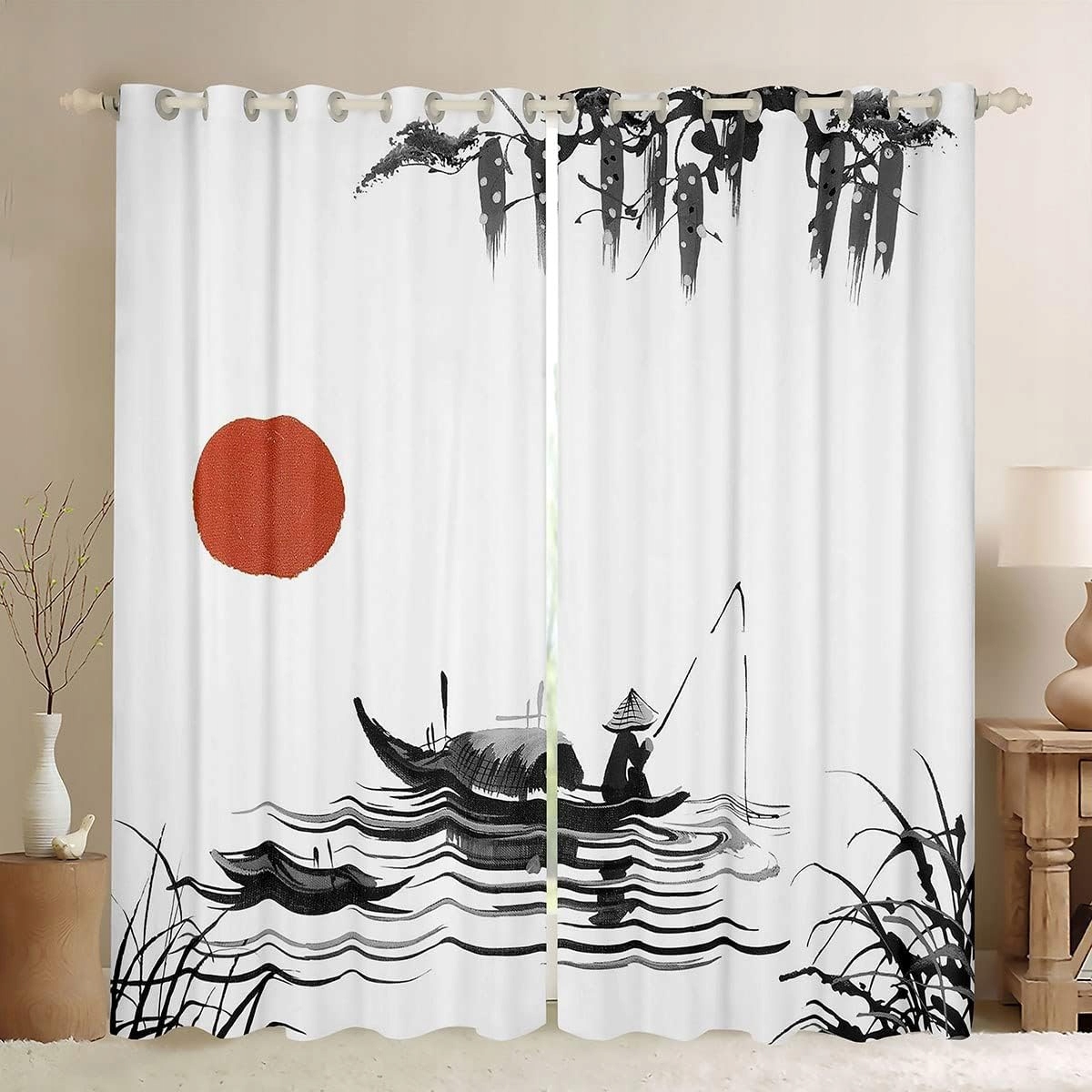 Japonské okenné závesy Aesthetic Ukiyoe Hokusai Slnko Rybár 132x228 cm