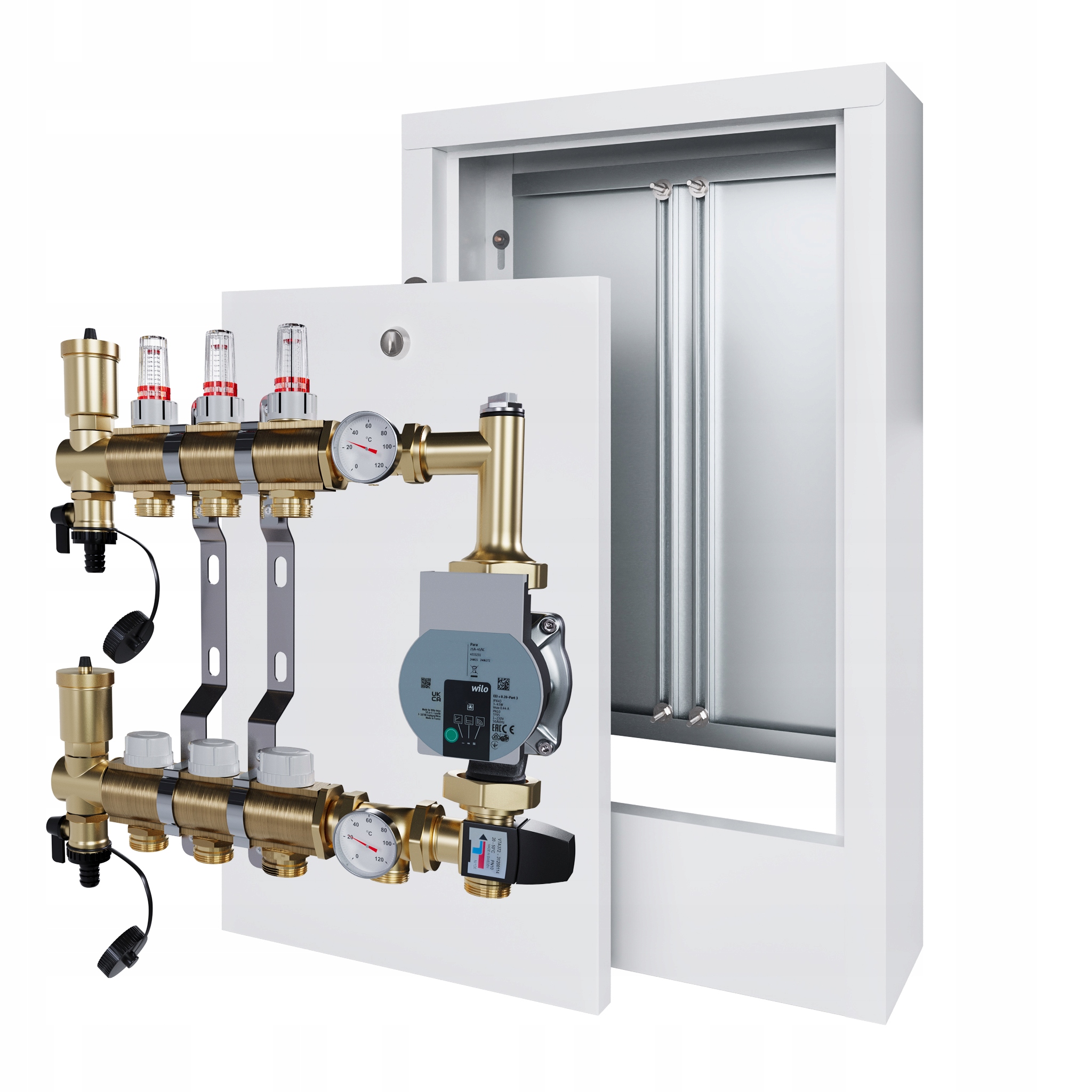Rozdělovač pro podlahovku 3 s čerpací skupinou Wilo a nástěnným boxem