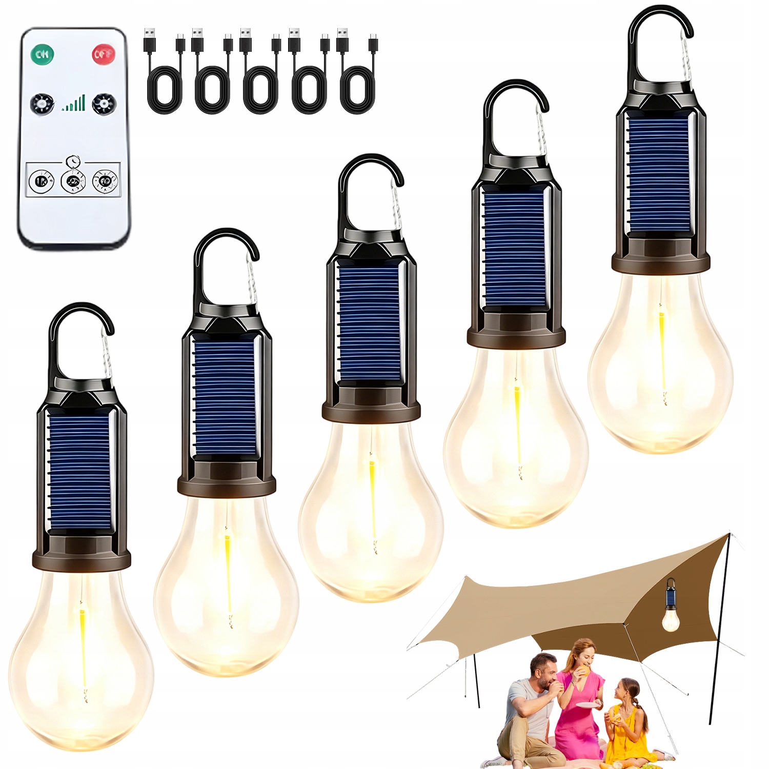 5SZT Żarówka Kempingowa Led Solar Lampa Turystyczna Kabel Na Wycieczkę