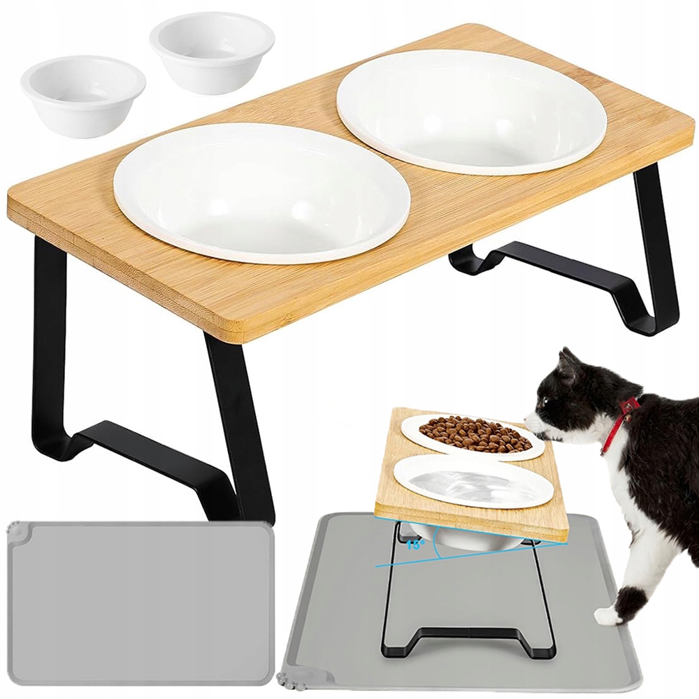 Levně Miska Pro Kočky Psa Dvojitá Dřevěná Keramická Misky Sada