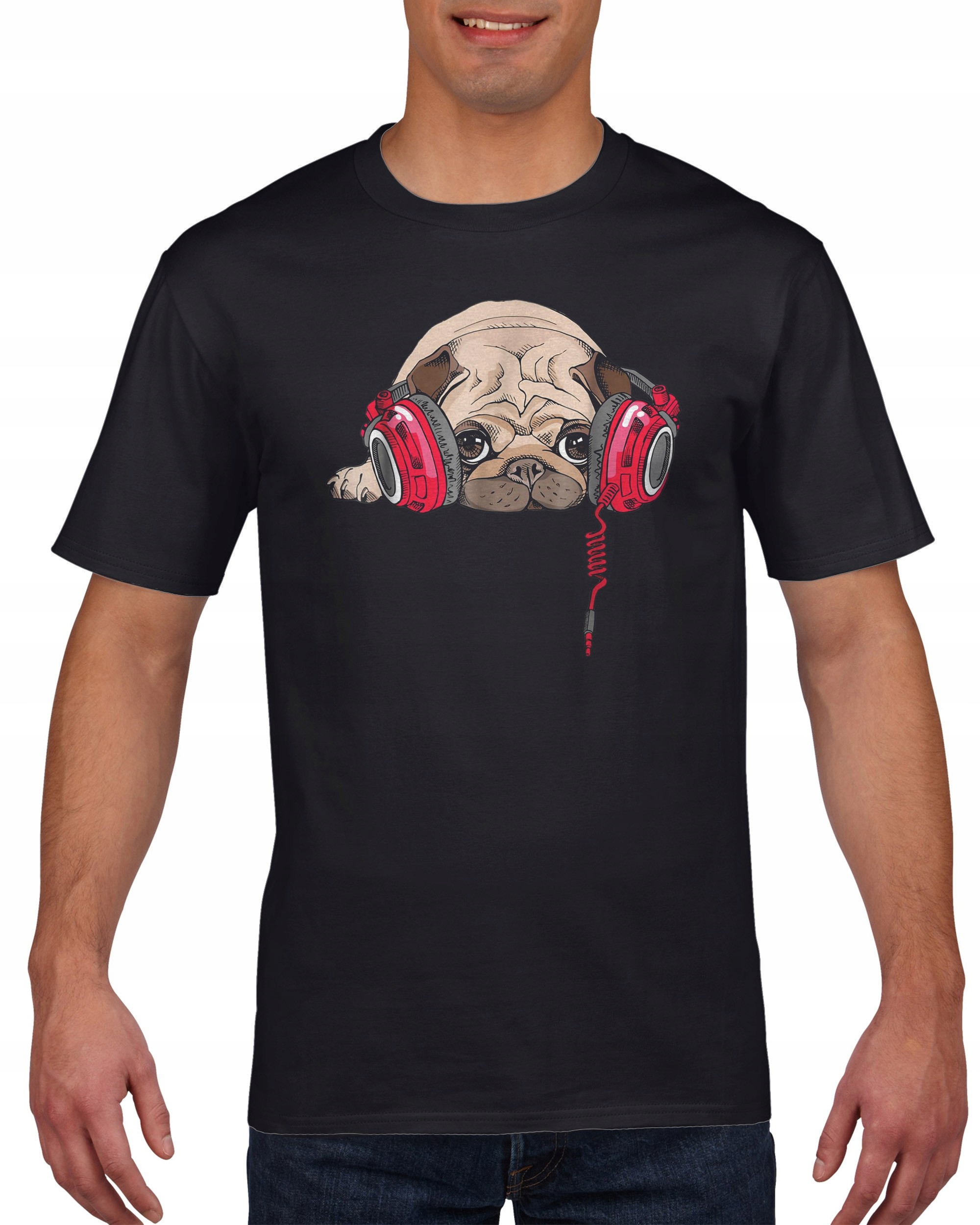 

Koszulka męska Pies mops pug ze słuchawkami L