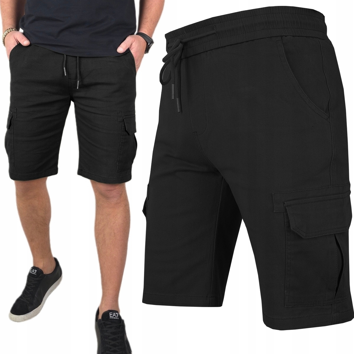 Kraťasy pánské Jeansové Kapsáče krátké kalhoty Pas s Gumičkou černé vel. L