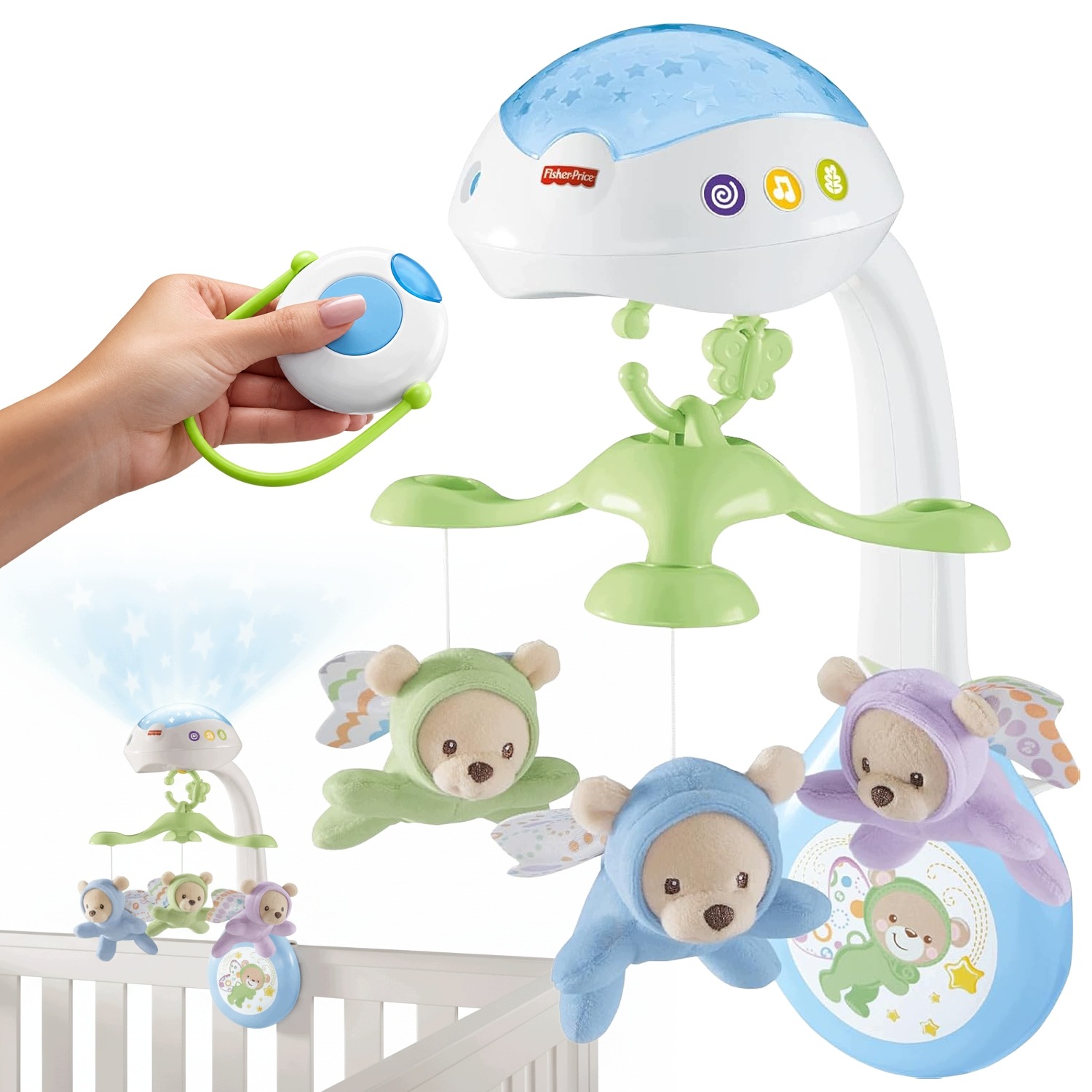 Fisher Price Karuzela Do Łóżeczka Z Misiami 3W1 Projektor Pilot Pozytywka