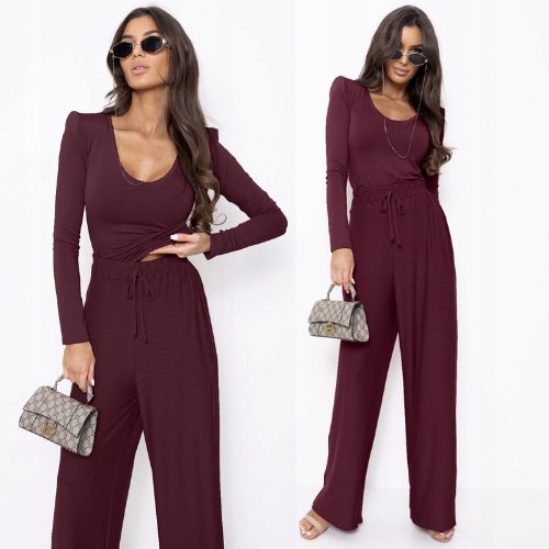 Stylowy Komplet Z Wiskozy Bluzka Z Poduszkami I Szerokie Spodnie Bordo