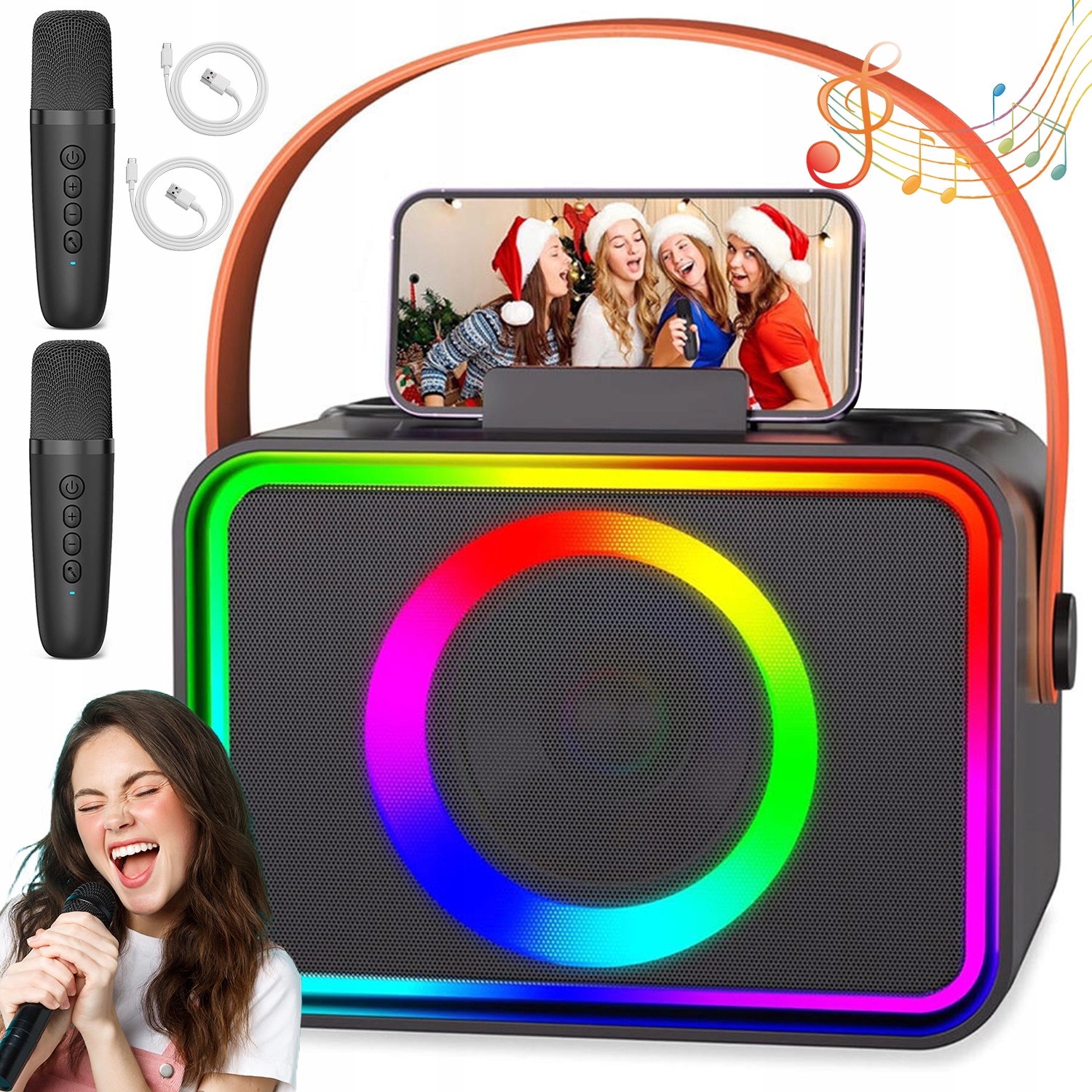 Přenosný Bluetooth Karaoke Reproduktor Se 2 Mikrofony, 3 Režimy Osvětlení