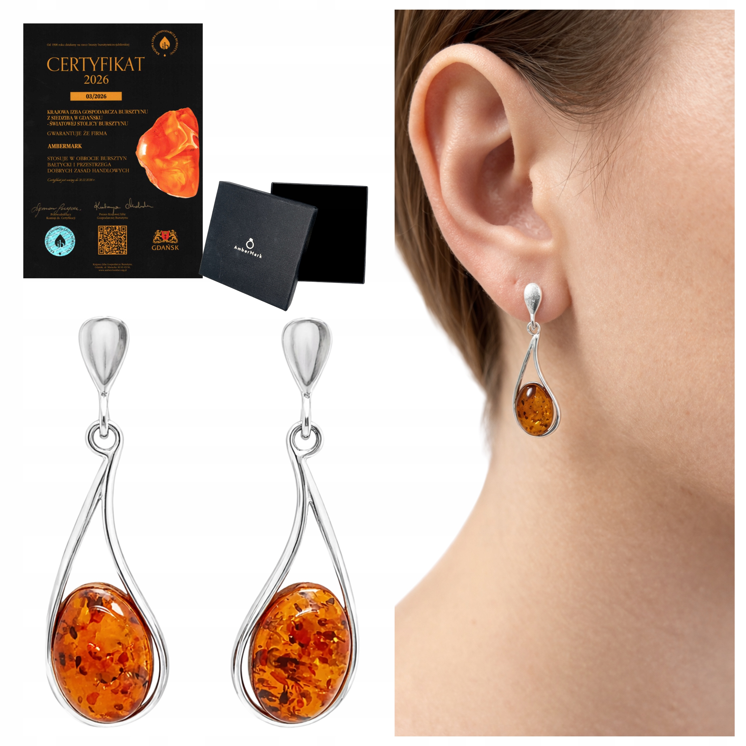 Náušnice s dlouhými šroubky, stříbrné závěsy a koňakovým jantarem
