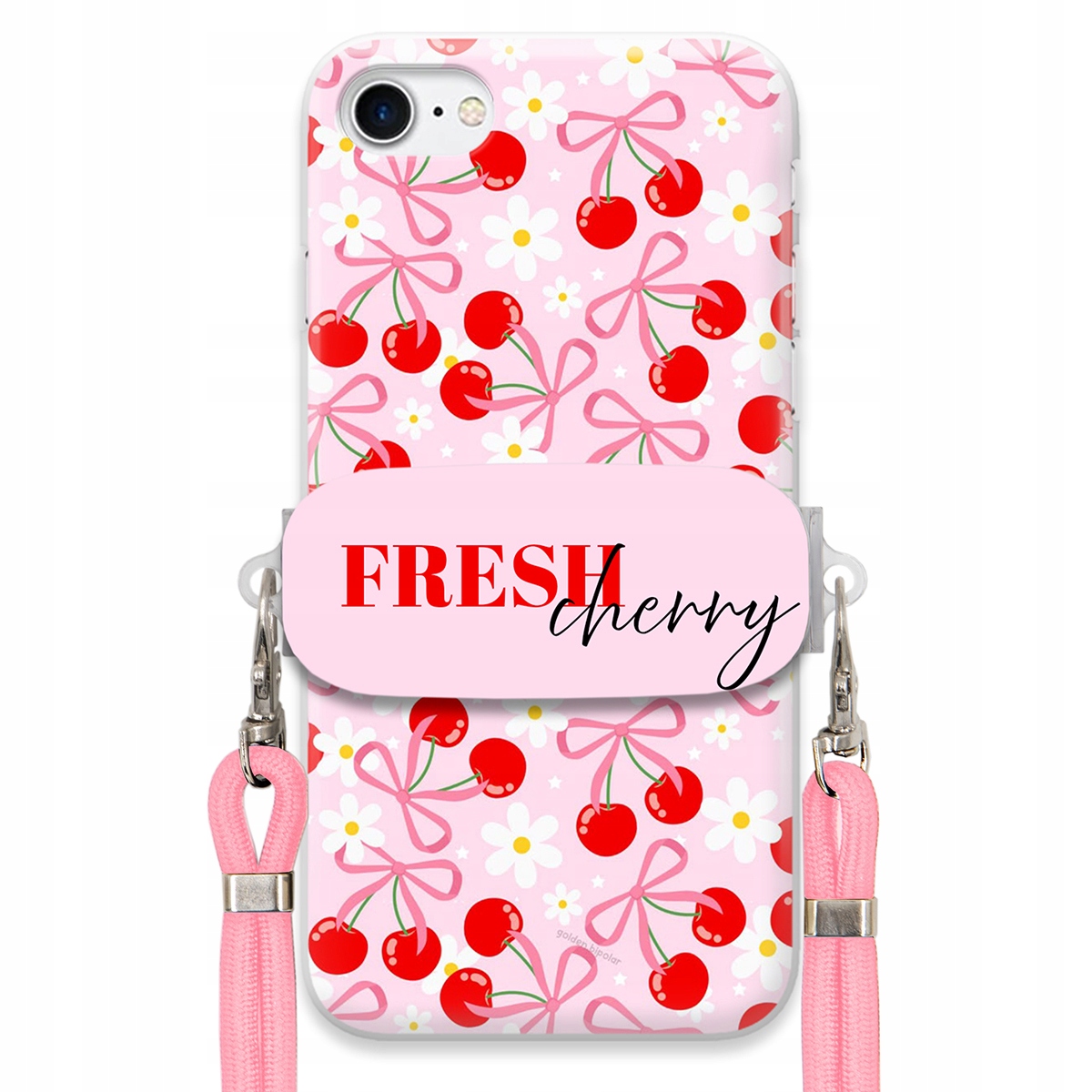 Pouzdro pro iPhone 7 Case Držák Šňůrka Růžová Fresh Cherry Kokardy Pink