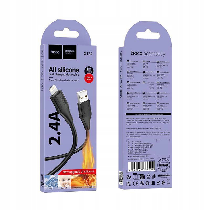Kabel Silikonowy Usb A Do Lightning Hoco 2,4A 1 M X124 Czarny