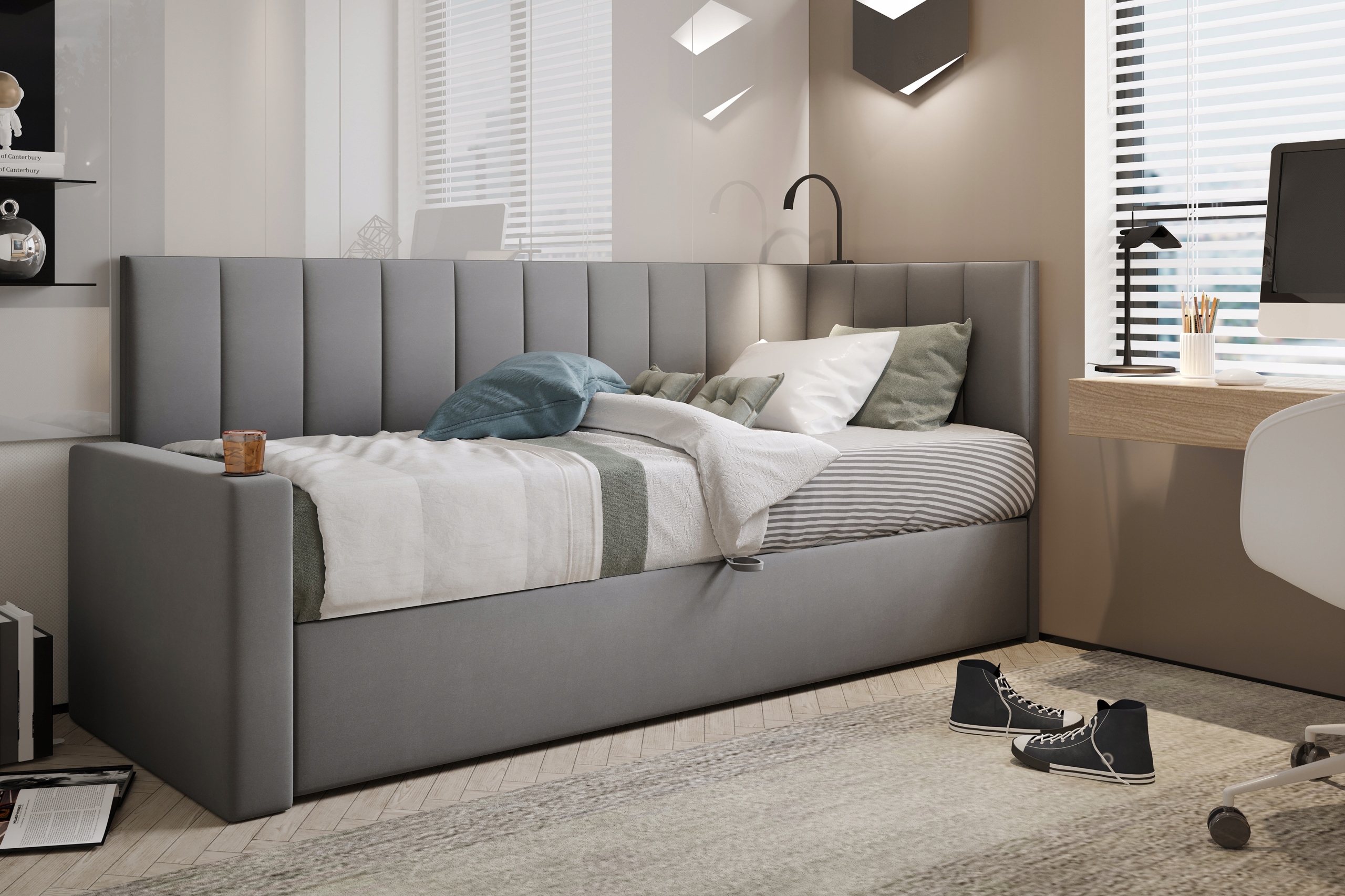 ŁÓŻKO KONTYNENTALNE MŁODZIEŻOWE TOKIO 90x200 Lampka LED, USB-C UCHWYT LEWA