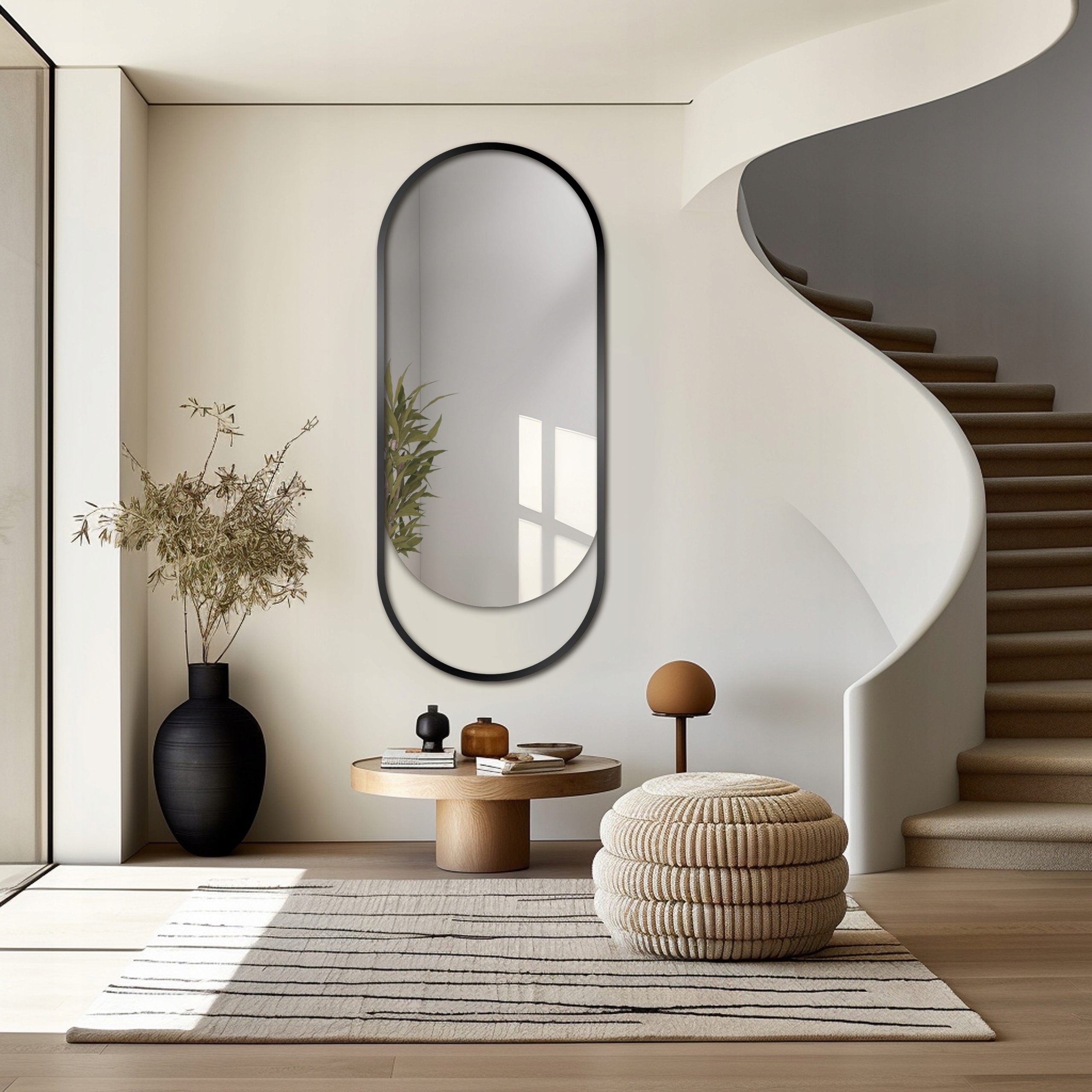 Zrcadlo oválné s volným prostorem Olaf v matném černém rámu mdf 50x110