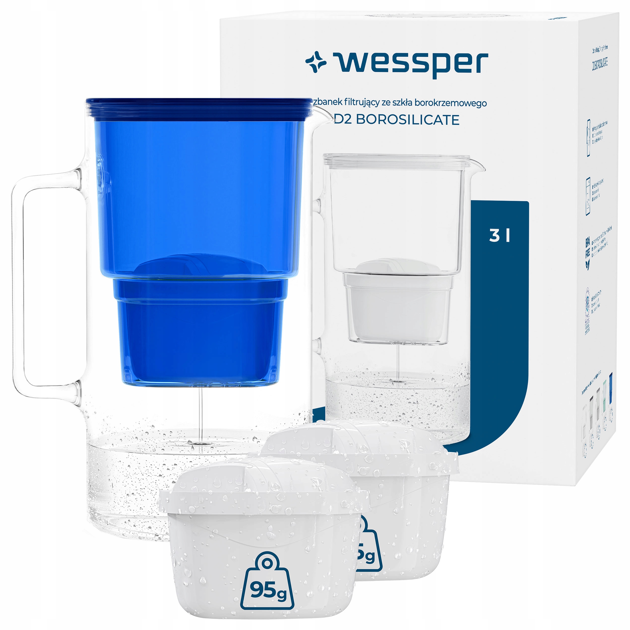 Skleněná filtrační konvice Wessper D2 Borosilicate 3 l modrá 3x filtr