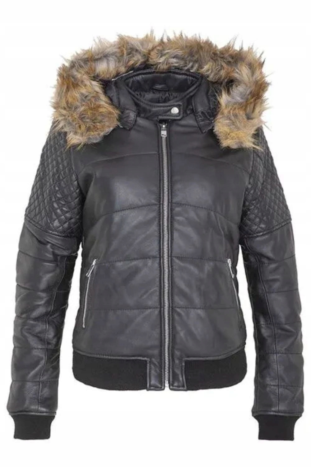 Dámská černá zateplená kožená bunda Chyston s kapucí vel.