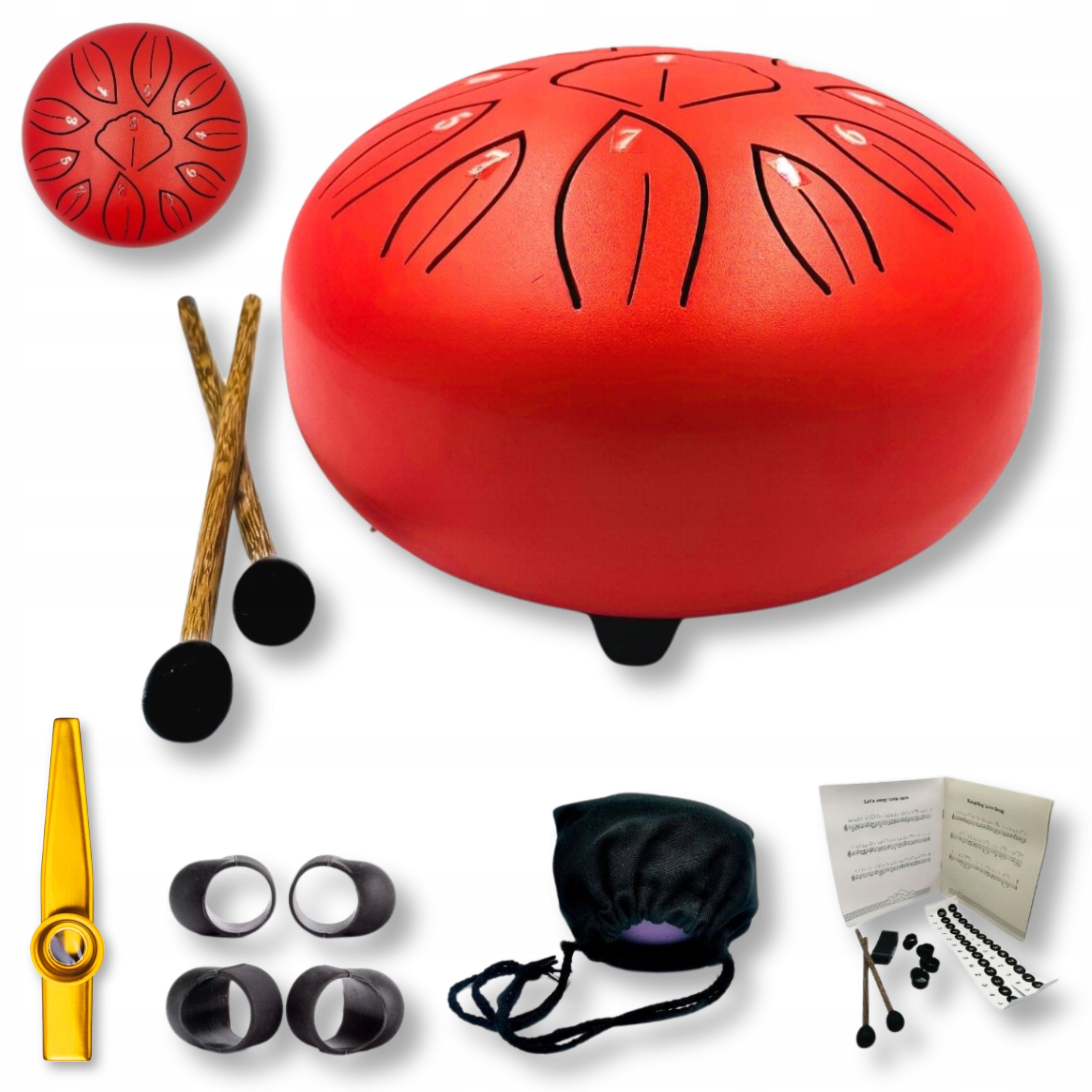 Jazykový buben 11 tónů 6" červený ocelový buben Steel Tongue Drum kazoo