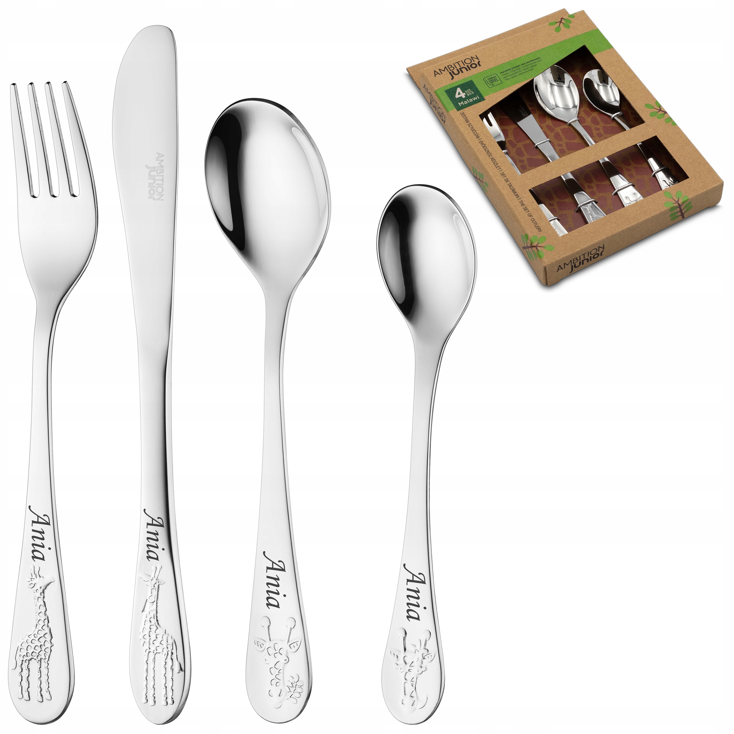 Komplet Sztućców 4 elementy Ambition Żyrafy GRAWER Prezent na Roczek