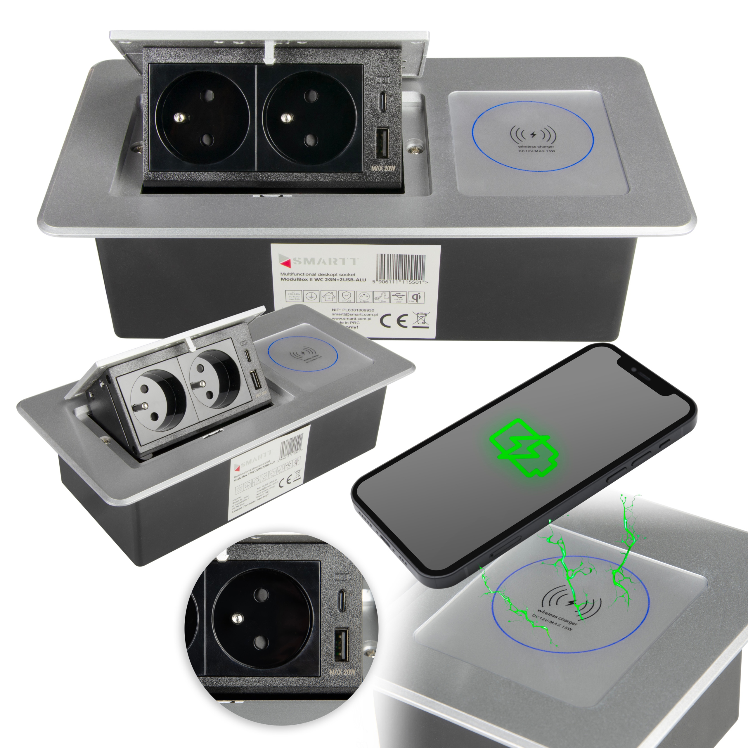 Zásuvka Na Dosku Zasúvateľná Do Dosky 2X Usb 2X 230 V Indukčná Nabíjačka Z Hliníka