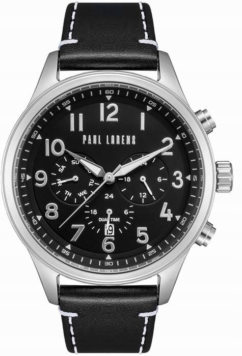 Pánské hodinky Paul Lorens quartzový ciferník černý, řemínek černý, 46 mm