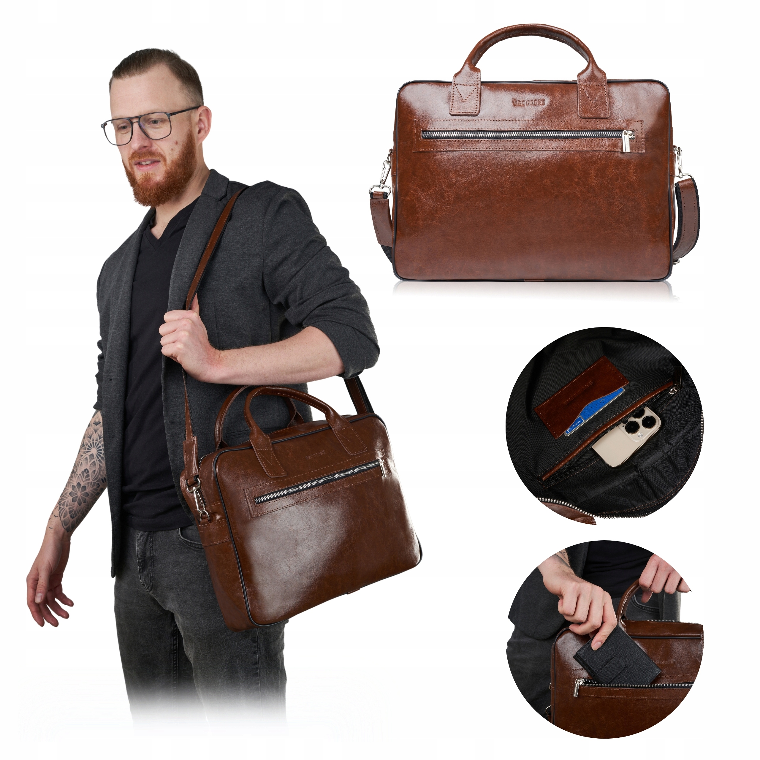 Brodrene Pánská kožená taška na Notebook A4 Hnědá do práce