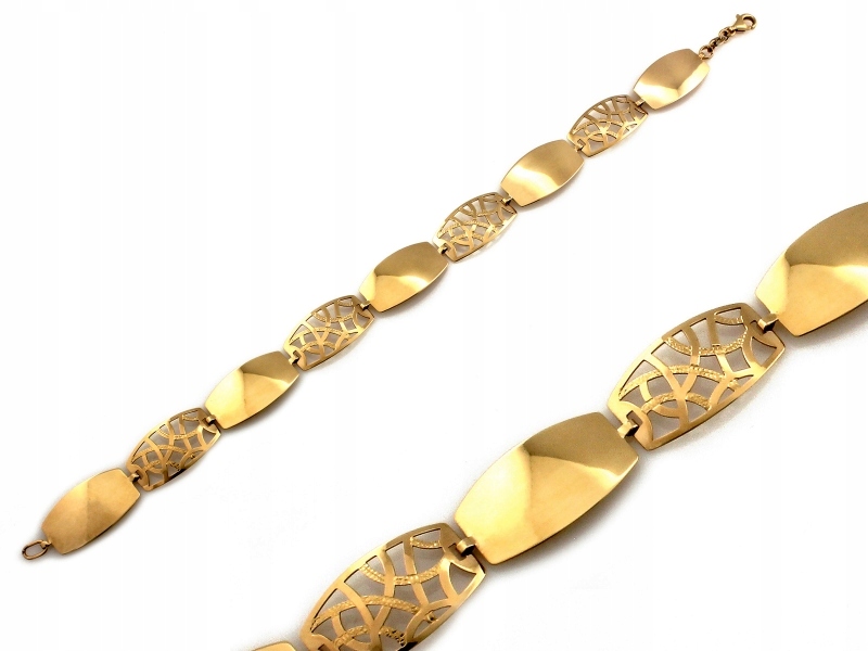 Zlatý náramek 585dílný s lesklými plechy, plnými a prolamovanými, 5.35 g