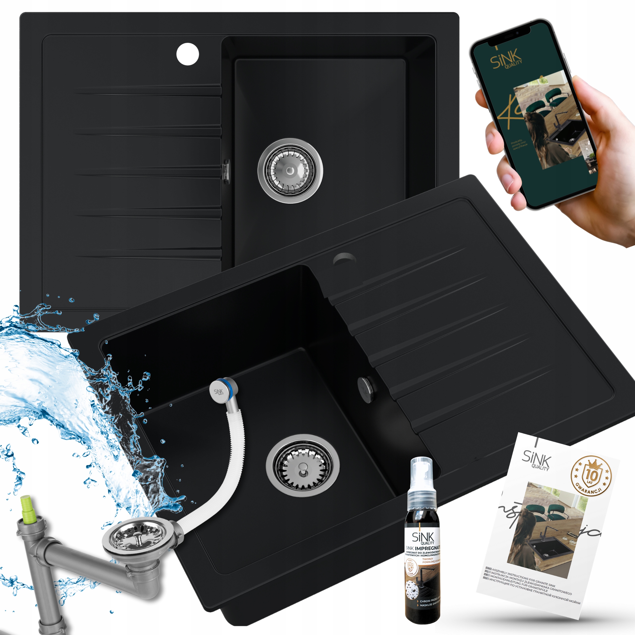 Granitový Drez 68x50 Čierny Mat Titanite Chrómovaný Sifón Impregnácia