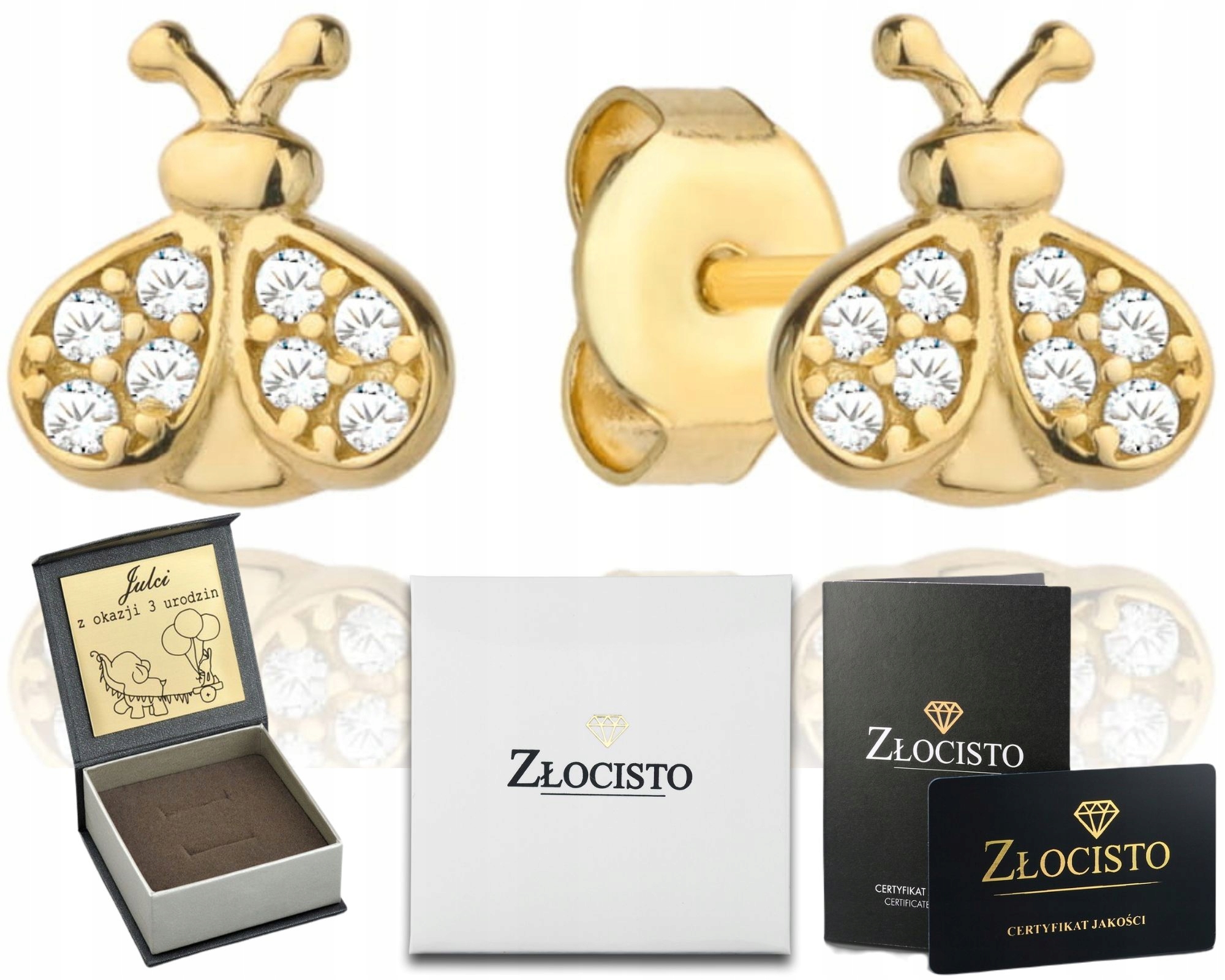 Zlaté Náušnice Berušky Zirkony Pro Dítě Svítící 585 Tyčinky Dárek