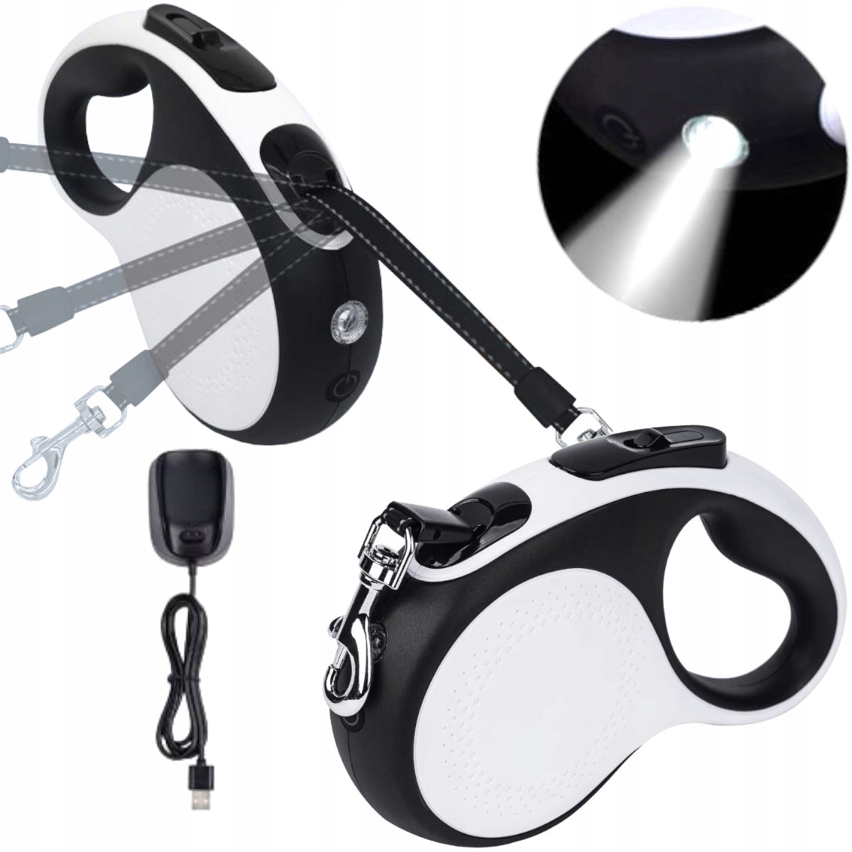 Levně Vodítko Automatické Lanko Pásek Led Svítilna 5M Pro Psa Do 20KG Reflexní