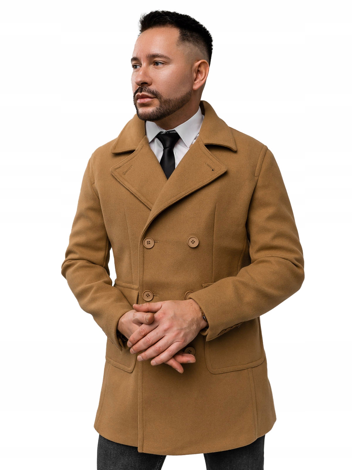 Camelový dvouřadý krátký pánský zimní kabát Denley 11Z8215A1_2XL