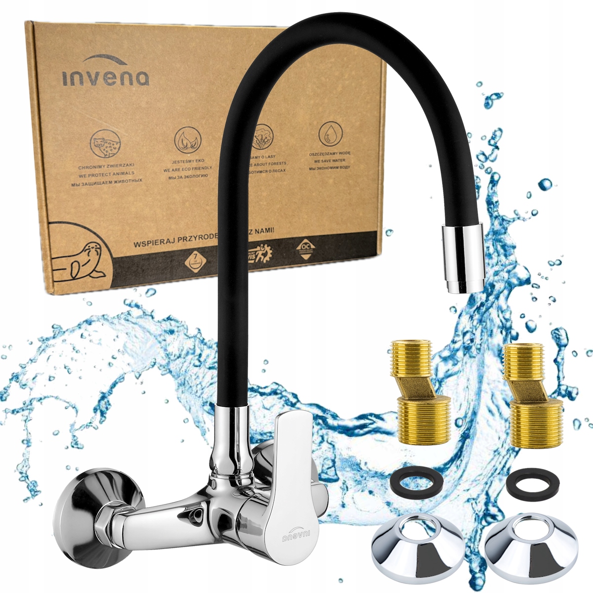 Kran kuchenny ścienny Bateria zlewozmywakowa Invena Verso Czarna-chrom