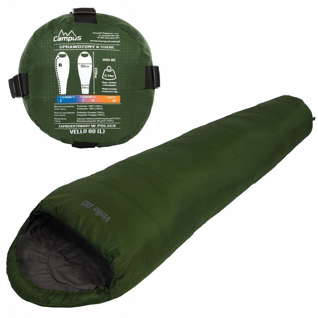 Śpiwór Campus mumia Vello 80 łączony Pod Namiot Pr